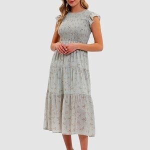 By The River Flutter Sleeve Smocked Floral Midi Dress Boho Cottagecore Peasant M